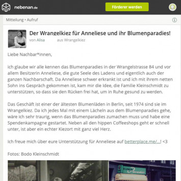 Alisa ruft auf nebenan.de zur Unterstützung von Anneliese auf (Screenshot: nebenan.de)